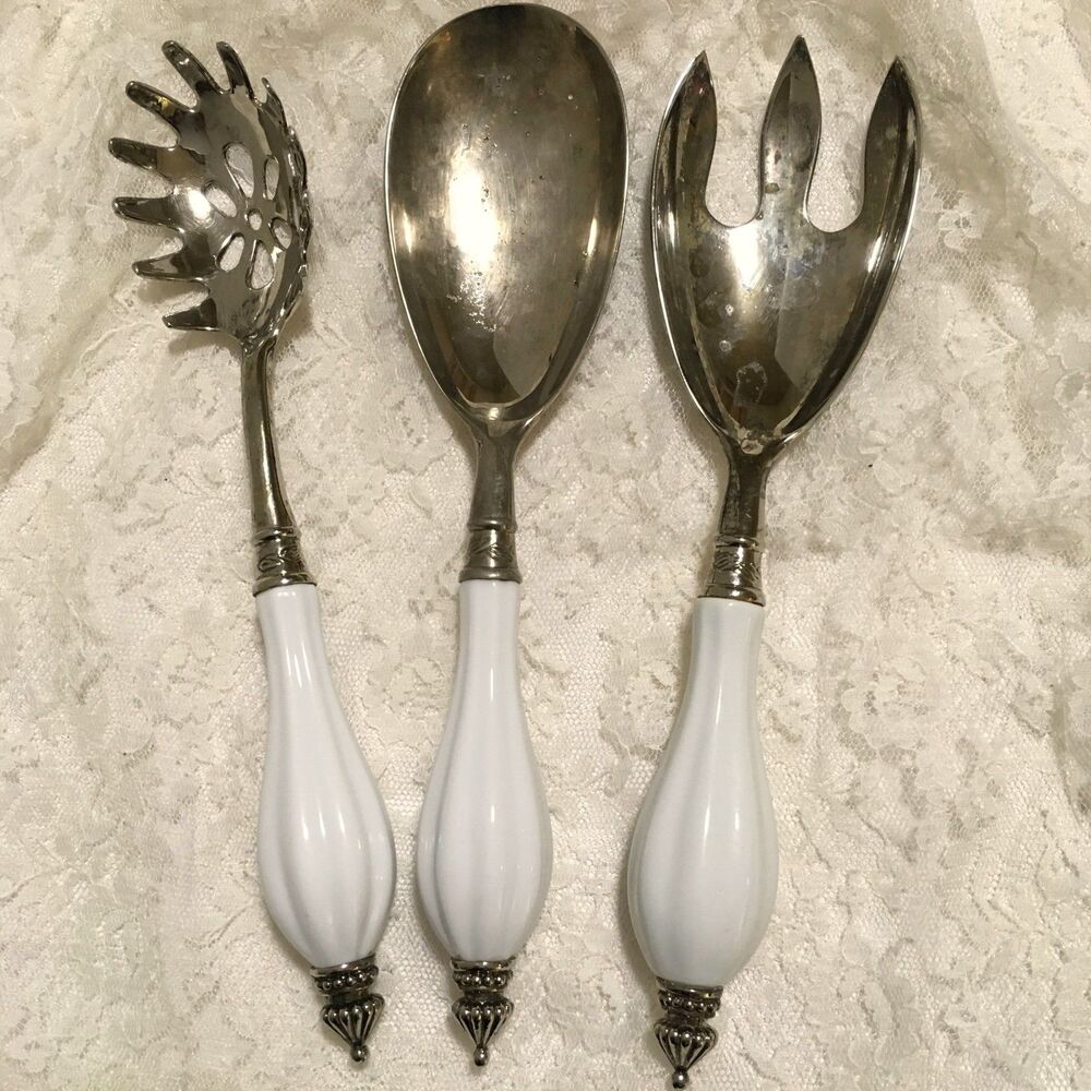 Vintage Godinger Serving Utensils Set White Porcelain Handles Serve ware